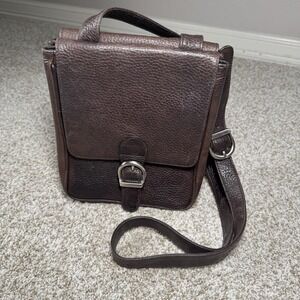 VTG Eddie Bauer Pebbled Leather‎ Messenger Organizer Brown Crossbody Purse Bag